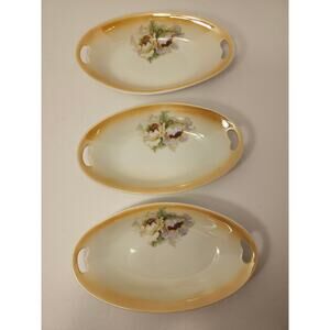 PV Vessra Porcelain Vintage Hand Painted 3 Piece Set Pickle Dish Oval Floral